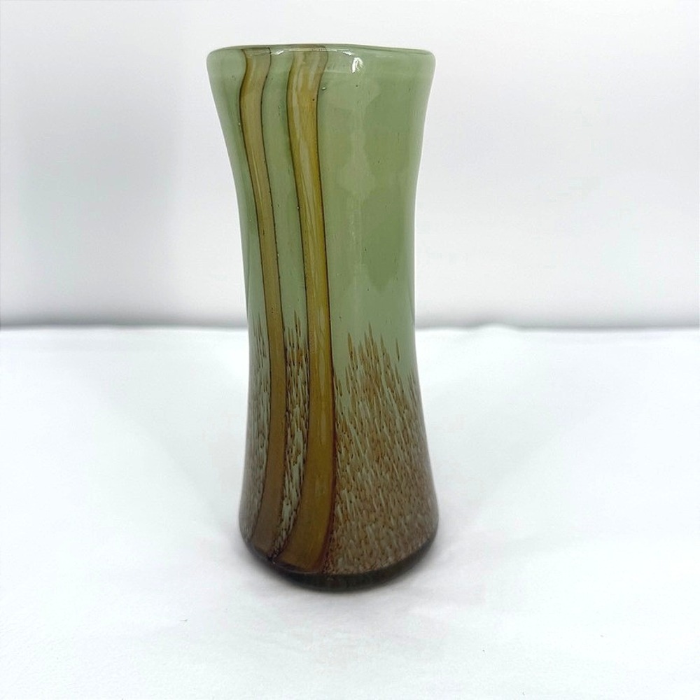 Earthy Art Glass Vase Green Brown Striped Speckled Flower Bud‎ Centerpiece